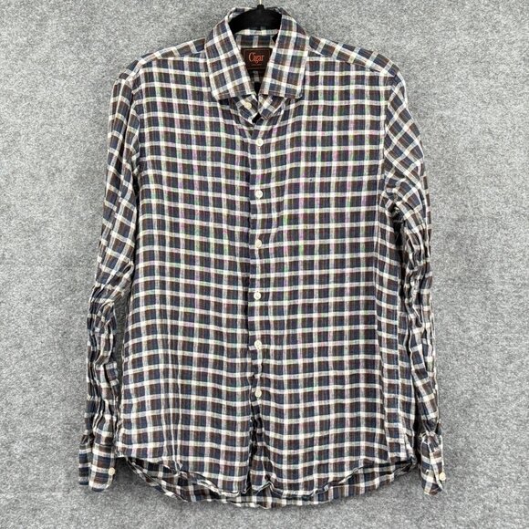 Cigar‎ Couture Mens Medium Plaid Linen Button-Up Shirt Brown Blue Beige - Picture 1 of 8